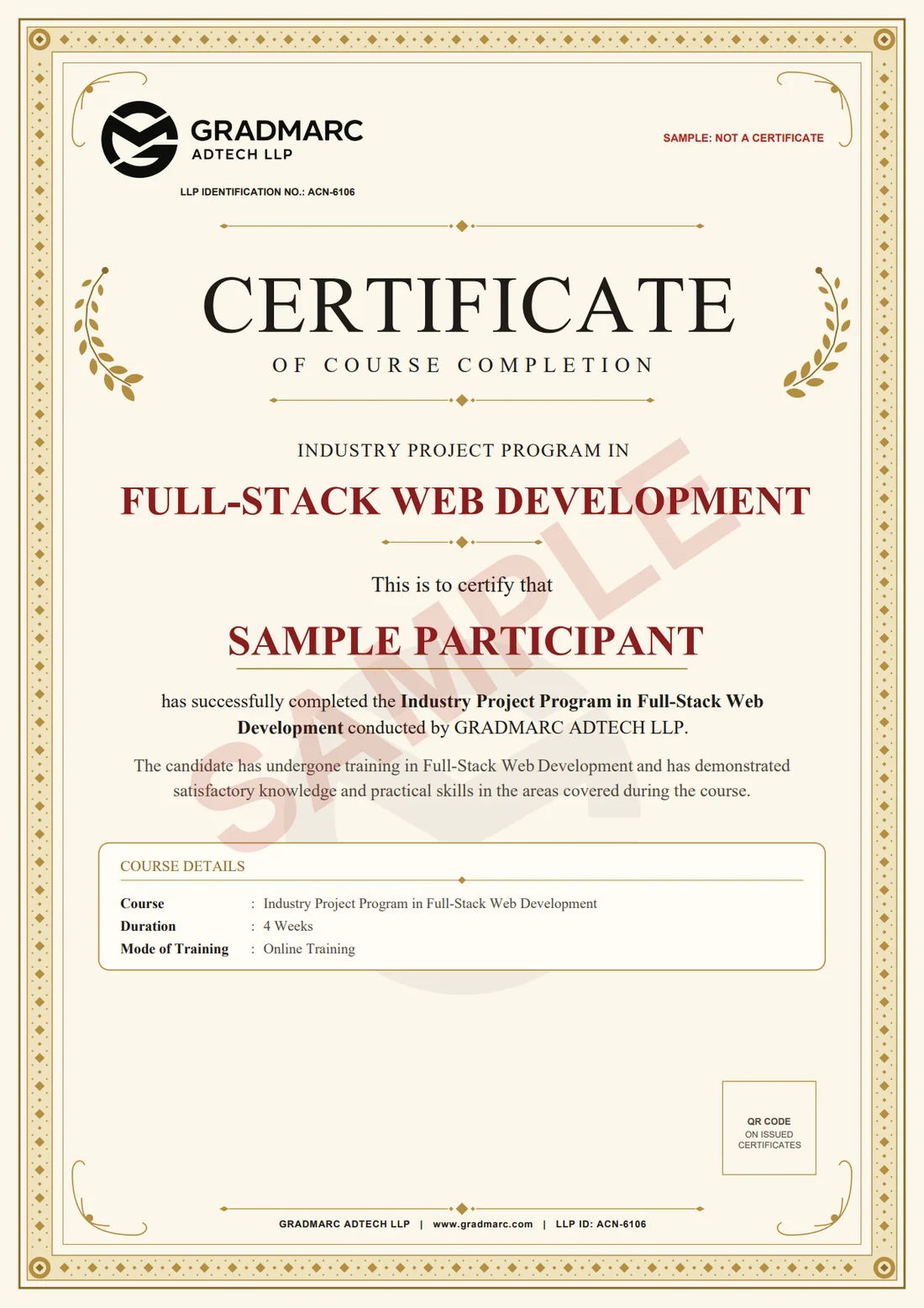 Sample of the Gradmarc certificate layout, marked SAMPLE: the course and participant names, course details, the signer, the certificate number and a QR code that links to its verification page.